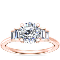 14k 玫瑰金阶梯式尖顶长方形钻石订婚戒指